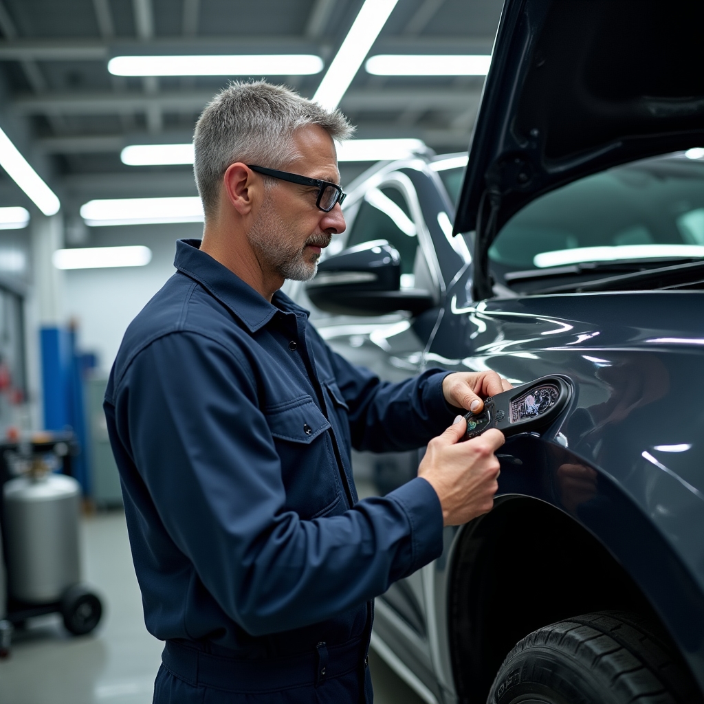 Mechanic performing AC refrigerant recharge service on a vehicle with professional gauges