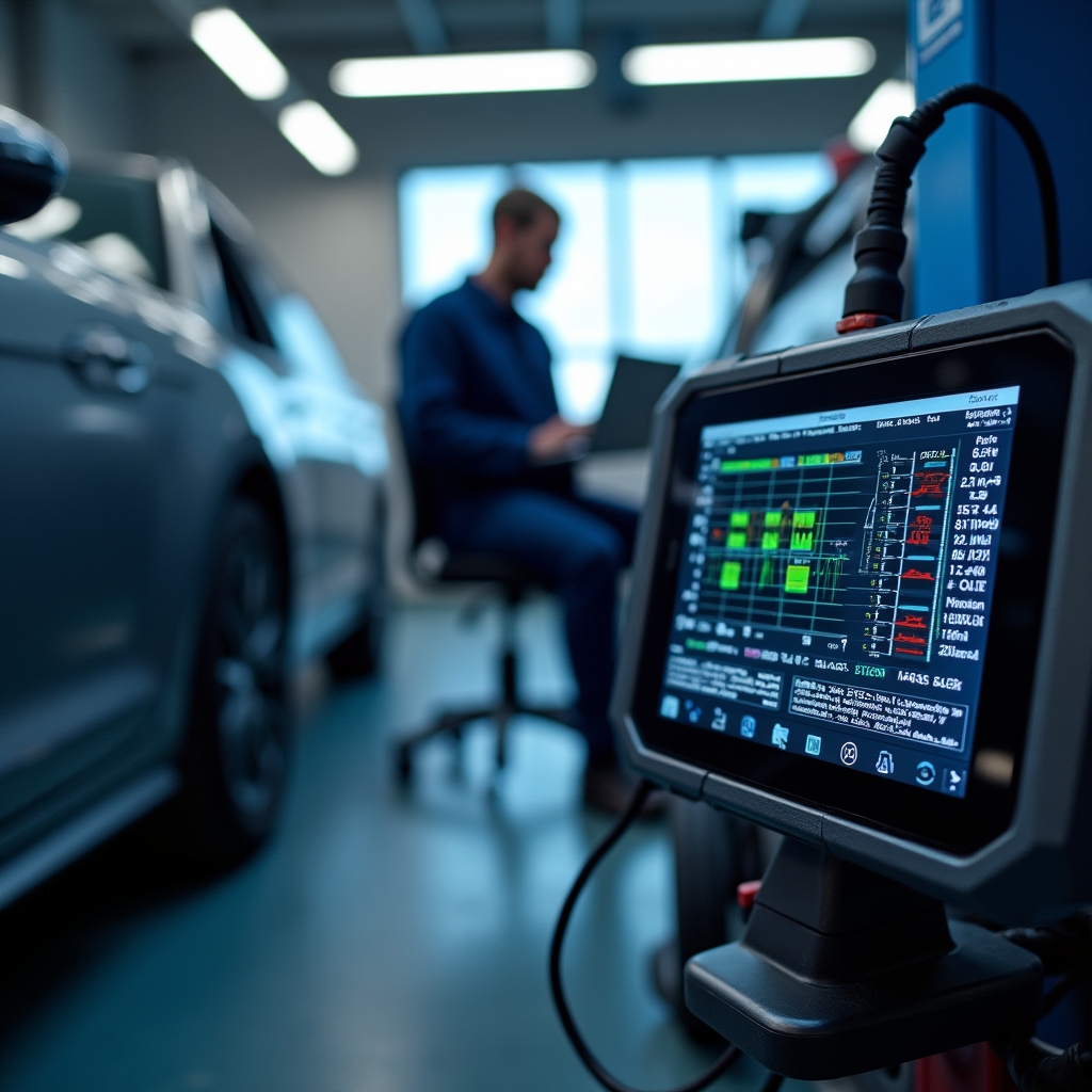 Modern automotive diagnostic equipment connected to a vehicle in the repair bay