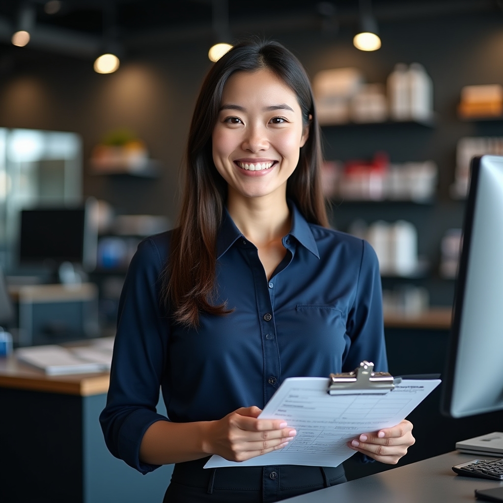 Service advisor at Ambientdaygarden auto care reviewing vehicle inspection report with customer