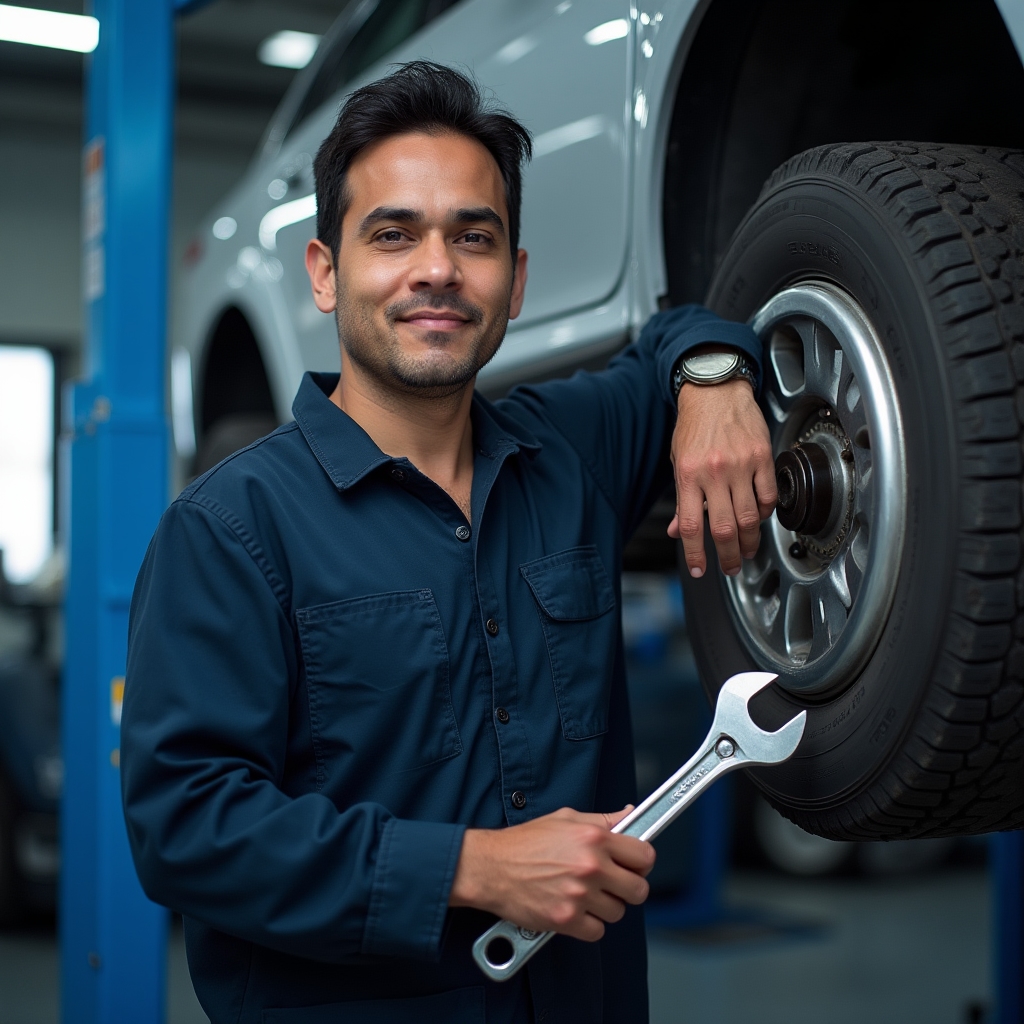 Suspension and alignment specialist mechanic at work in the repair bay