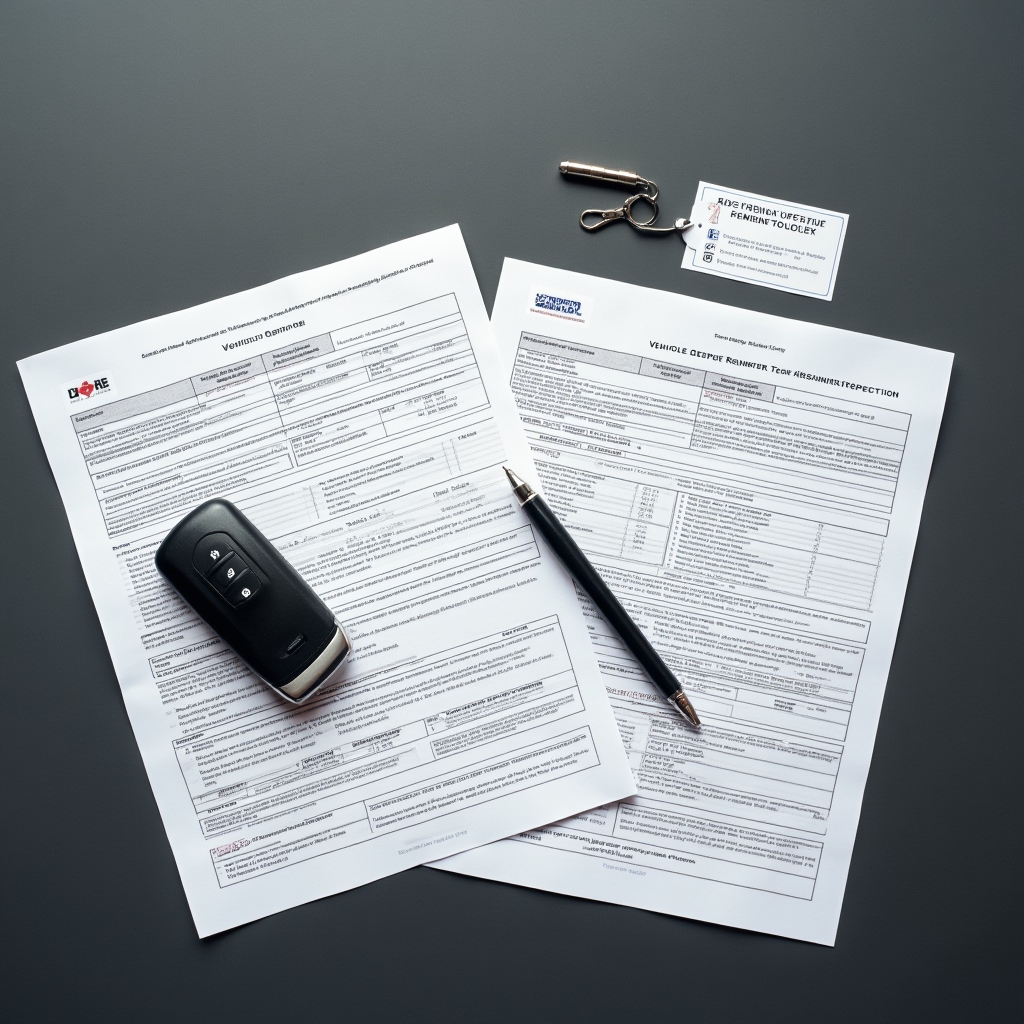 Vehicle registration documents and inspection paperwork on a desk at an auto shop